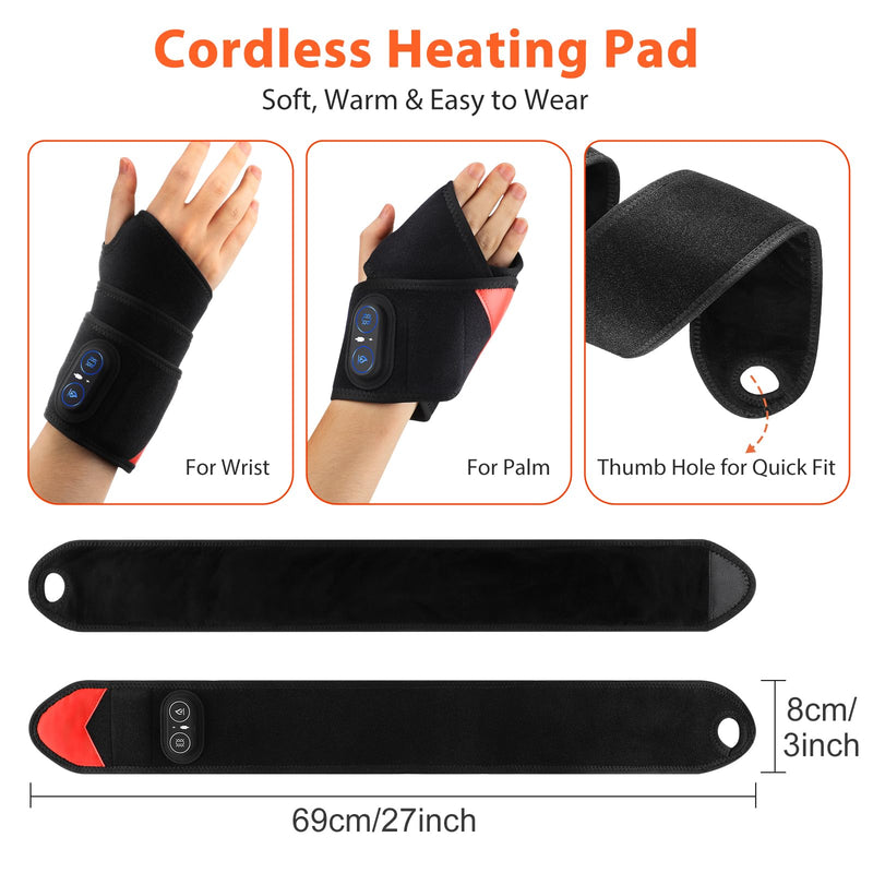 Cordless Wrist Heating Pad with Massage & Red Light, FSA - HSA Eligible Rechargeable Heated Wrist Brace Wrap for Carpal Tunnel, Arthritis, Wrist Massager for Pain Relief, 3 Heat & Vibration Modes Black