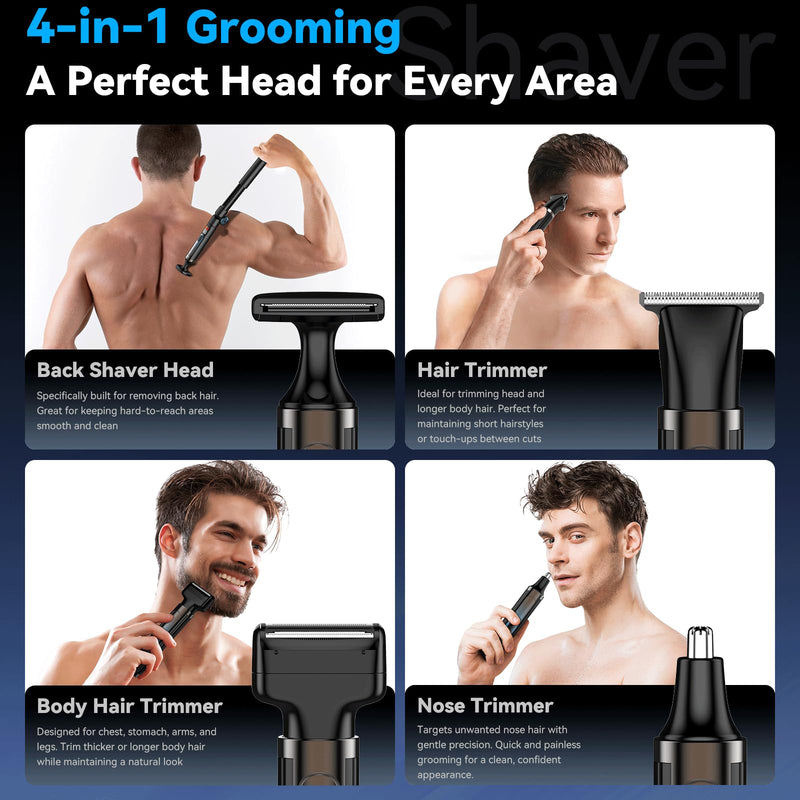 [Australia] - 2025 Upgraded Back Shaver for Men, LED Display Mens Back Shaver with Travel Case, Rechargeable with Long Handle, Safety Lock, IPX7, Multi-Functional Back Trimmer for Men,(Ash Gray) 
