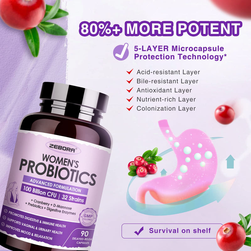 [Australia] - ZEBORA Probiotics for Women Digestive Health with Enzymes & Prebiotics 100 Billion CFUs| Vaginal Probiotics with D Mannose & Cranberry | Urinary Tract Health | Immune Support, 90 Capsules 