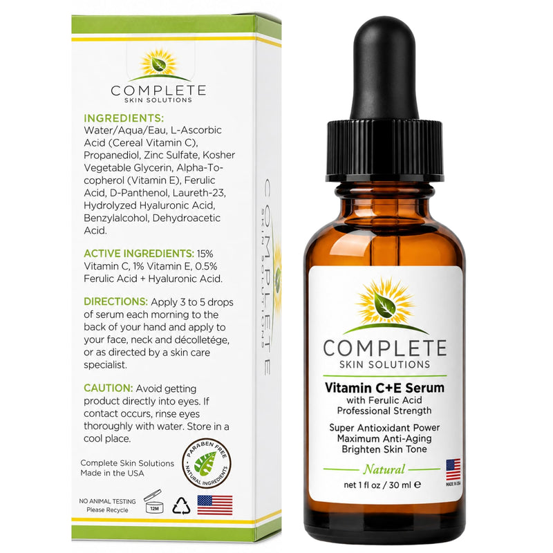 Natural Vitamin C E Serum with Ferulic Acid 1 oz | Hyaluronic Acid