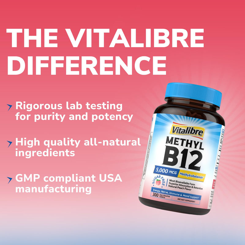 Vitalibre Vitamin B12 5000 mcg, Sublingual Methylcobalamin | Natural Peach Flavor, Nervous System Health, Energy Support, No Sugar, 300 Fast Dissolve Tablets 300 Count (Pack of 1)