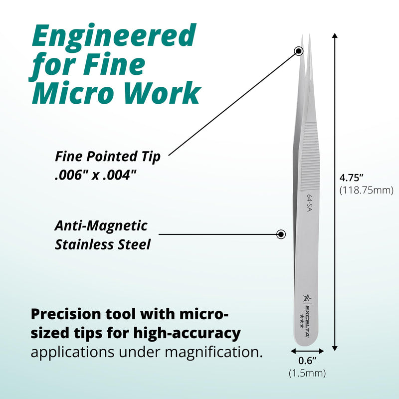 Excelta 64-SA Precision Tweezers, Straight Fine Tip, 4.75" Anti-Magnetic 316L Neverust Stainless Steel, Serrated Handle, ESD-Safe, Swiss-Made Tool for Electronics, Lab Use, Cleanroom & Forensics 4.75" Tweezer, Straight Very Fine Points