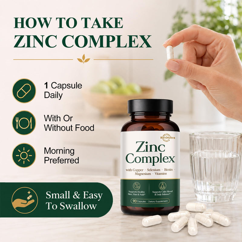 Zinc 30mg with Copper, Selenium, Magnesium, Vitamin C, D3, K2, B6, B12, Biotin & Folate - Chelated Zinc Complex for Women & Men - Immune, Hair, Skin, Nails & Daily Wellness Support - 90 Capsules