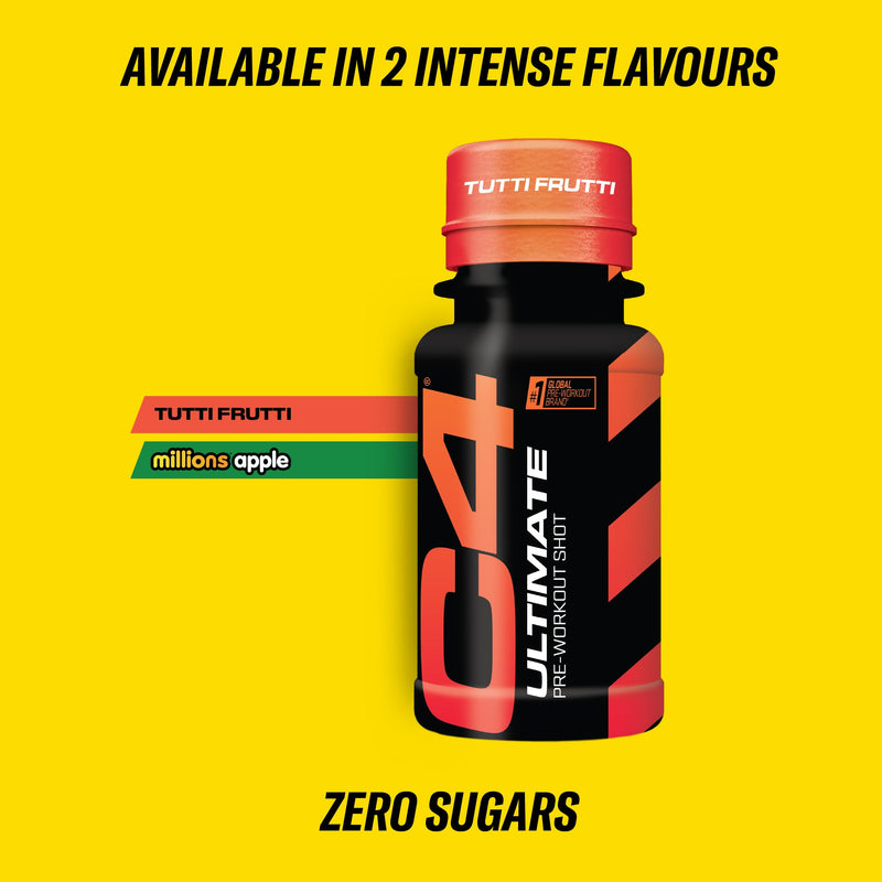 C4 Ultimate Pre-Workout Shot | Tutti Frutti Flavour Energy Shots, 12 x 60ml Bottles | Sugar Free Pre-Workout Shot with 200mg Caffeine, 2000mg L-Citrulline, 2000mg Beta Alanine, 800mg Betaine