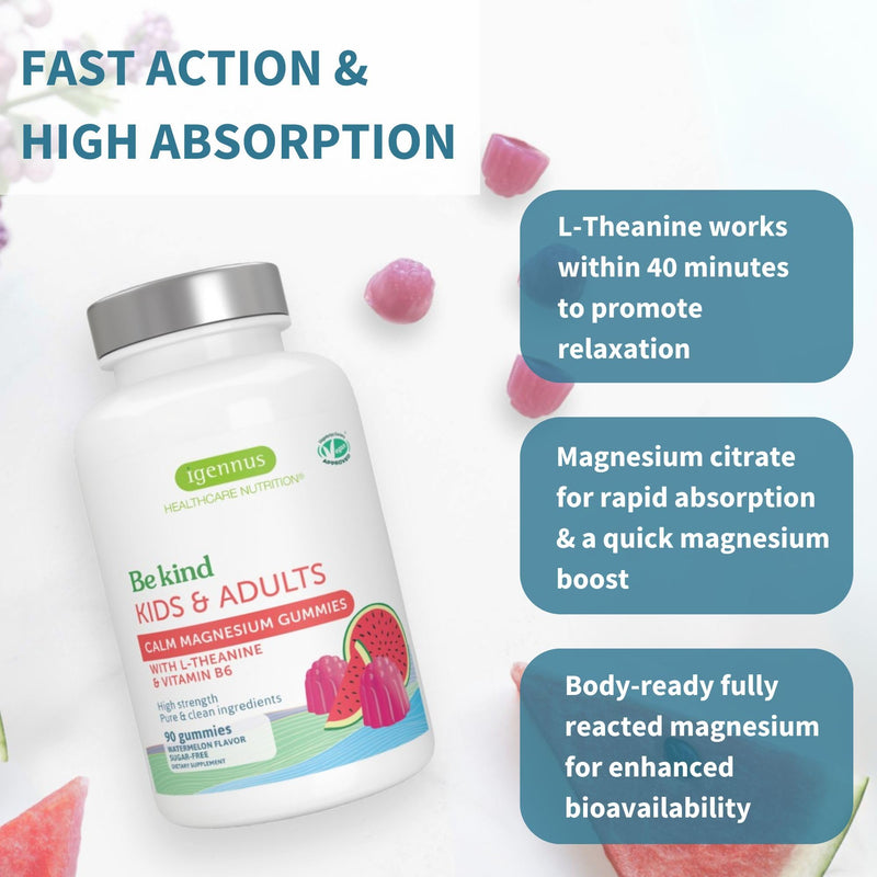 Igennus High Absorption Calm Magnesium & B6 Gummies with L-Theanine, 90 Sugar-Free Watermelon Gummies for Kids & Adults No Artificial Colours, Natural Flavouring, Vegan, 45-90 Servings