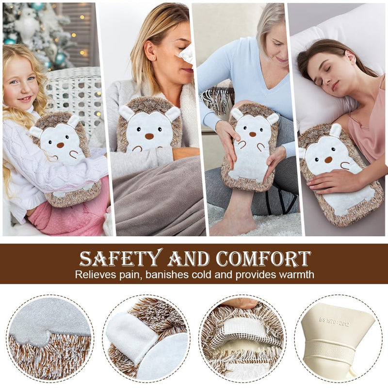 [Australia] - Hot water bottle with cover 2 liters, hot water bottles animal large, hot water bottle for children hedgehog, hot water bottle with cuddly fluffy faux fur cover, hand warmer silicone soft for keeping hands, feet, body warm 