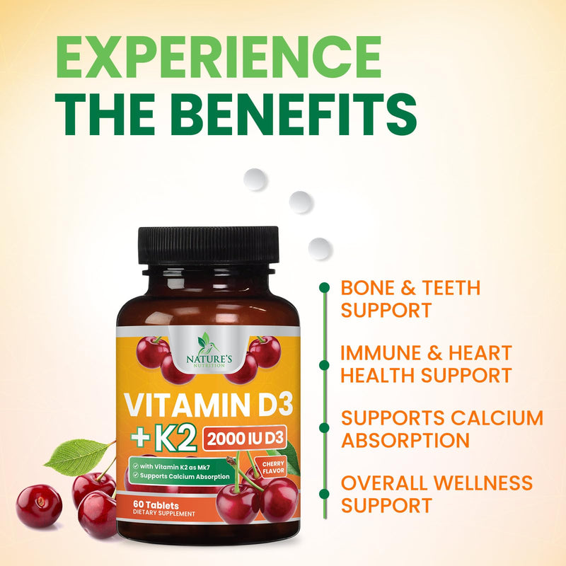 Vitamin D3 K2 Supplement - 2000 IU D3 Per Serving - Extra Strength MK-7 K with Vitamin D3 - For Immune Support, Heart, Teeth & Bone Health - Easy to Swallow D3K2 Chewable, Berry Flavor - 60 Tablets 60 Count (Pack of 1)