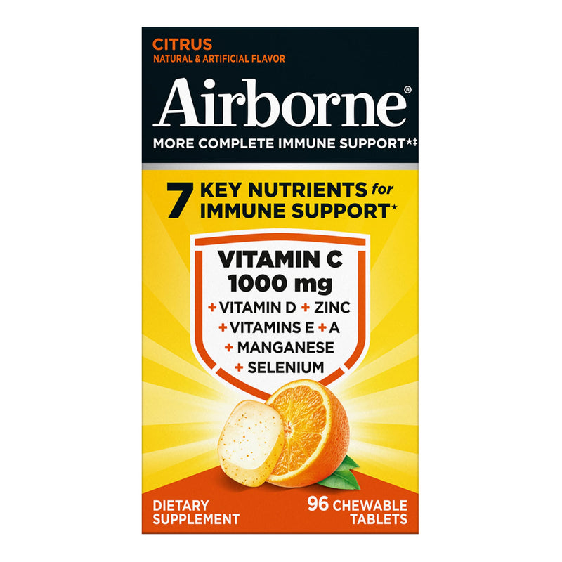 Airborne Vitamin C 1000mg (per Serving) - Citrus Chewable Tablets (96 Count in a Box) - Packaging May Vary | Antioxidants Vitamins A, D & E + Zinc, Selenium, and Manganese, Herbal Blend, Multivitamin Supplements, Immune Health, Tasty 96 Count (Pack of 1)