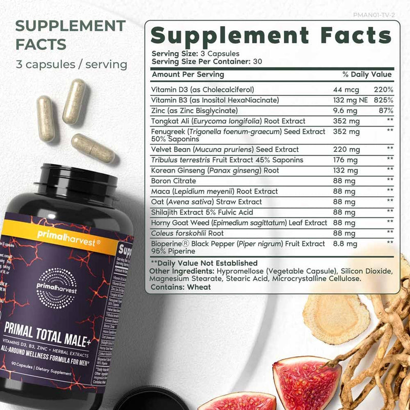 [Australia] - Primal Harvest Primal Total Male Natural Tribulus Terrestris, Fenugreek, Korean Ginseng, Maca Root Horny Goat Weed for Men Booster, Max Boost 90 Capsules… 90 Count (Pack of 1) 