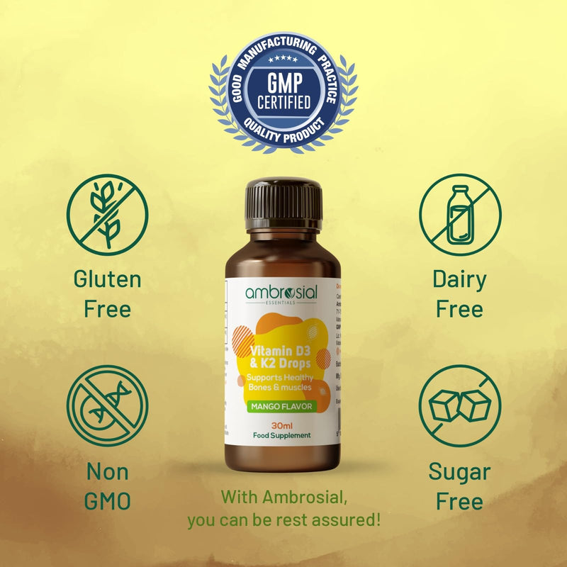 Ambrosial Vitamin D3 + K2 Drops – High Strength Liquid Supplement for Adults & Kids – 500 IU Vitamin D3 + 50 mcg Vitamin K2 – Mango Flavour, Gluten Free, Non-GMO, Easy-to-Take Vitamin D Liquid – 30 ml 30 ml (Pack of 1)