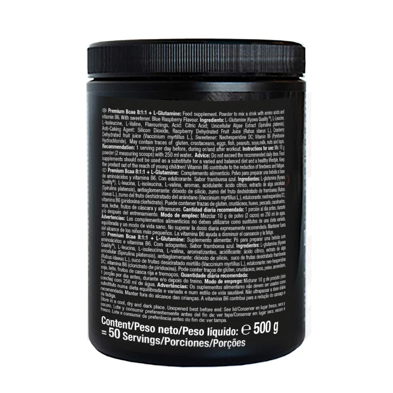Premium BCAA 8:1:1+L-Glutamine (500g) Blue Raspberry Flavour, Recovery Combination of Amino Acids with Kyowa Quality® L-Glutamine, Vitamin B6, Increases and Protects Muscle Mass, Zero Sugar, Vegan