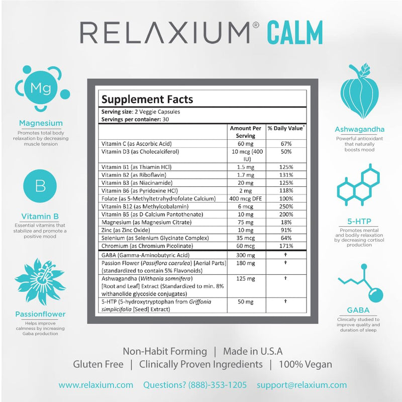 Relaxium Calm, Non-Habit Forming, Stress & Mood Support Supplement, Elevate Mood & Boost Relaxation with Ashwagandha, 5-HTP, GABA, Made in USA (60 Vegan Capsules, 30 Day Supply)