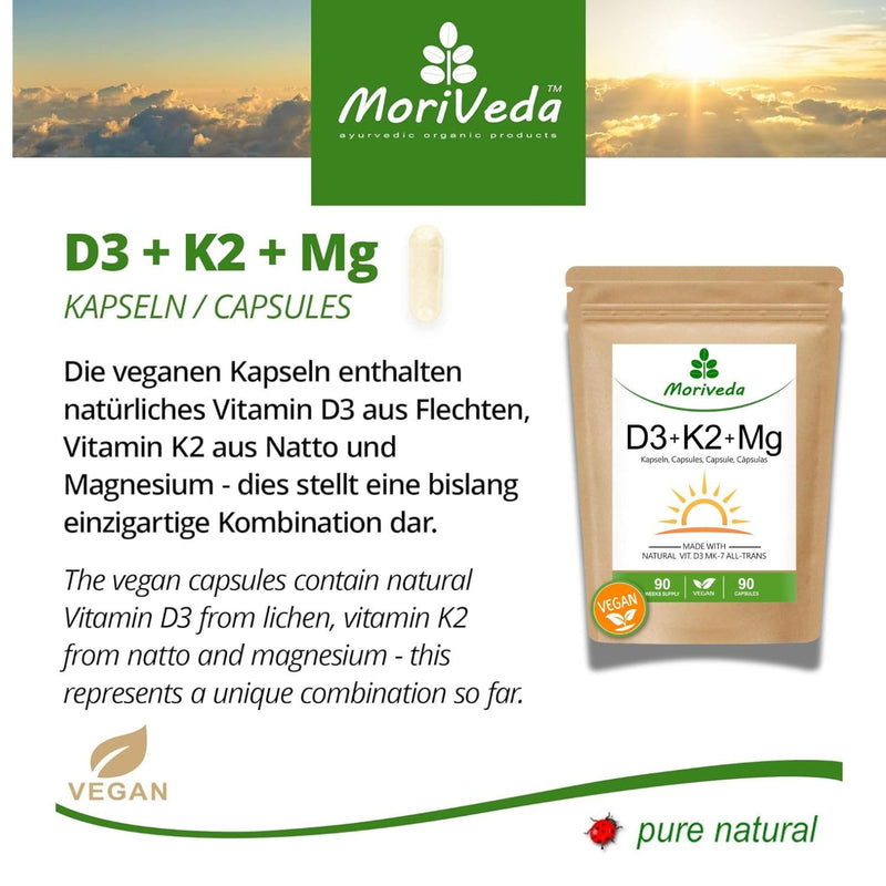 [Australia] - Vegan vitamin D3 + K2 + magnesium capsules - up to 90 weeks depot - 7000 IU D3 + 200 mcg K2 MK7-90 capsules from MoriVeda 