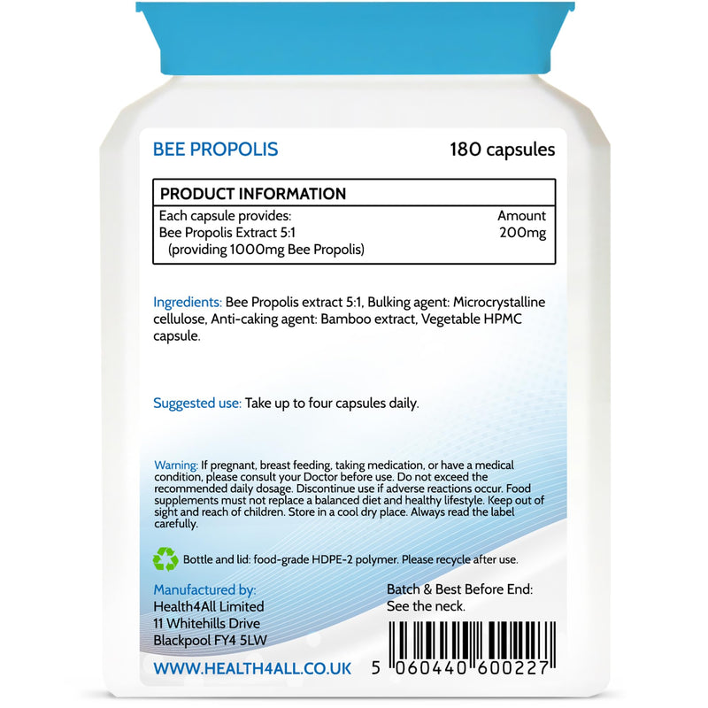 Health4All Bee Propolis 1000mg per Capsule 180 Capsules, High Strength Immune System Booster, Natural Immune Support Supplement (not Tablets) | Made in UK 180 count (Pack of 1)