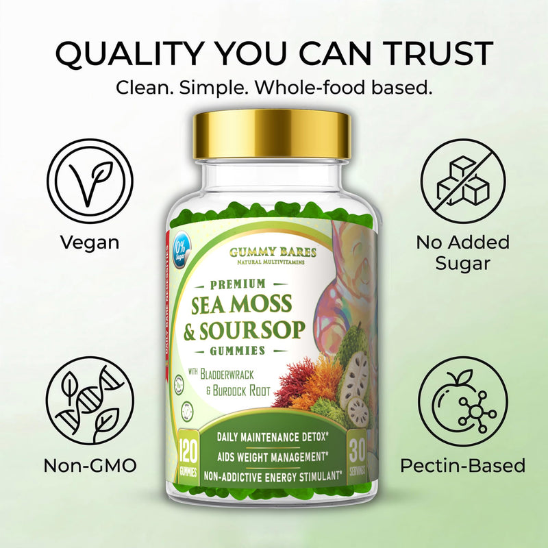 Sea Moss & Soursop Gummies - Organic Irish Sea Moss, Sour SOP Multivitamin, Soursop Bitters, Seamoss & Sea Grapes | Vegan, Sugar-Free (120 ct) | Gummy Bares