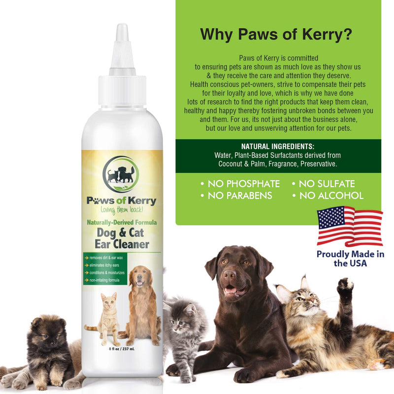 Dog Ear Cleaner for Itching, Head Shaking, Odor, Wax and Discharge - Non-Irritating Ear Wash for Dogs & Cats, Natural Ear Drops for Dogs - 8 Ounces - Dog Ear Cleaner Solution - PawsPlanet Australia