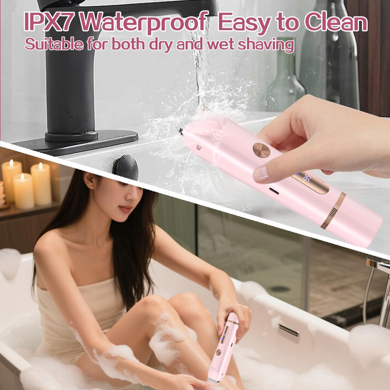 [Australia] - 2026 Upgrade Bikini Trimmer for Women, 2 in 1 Dual Head Electric Shaver with LED Display, IPX7 Waterproof Body Pubic Hair Trimmer Rechargeable Electric Razor for Armpit Leg Body Facial Wet & Dry Use 