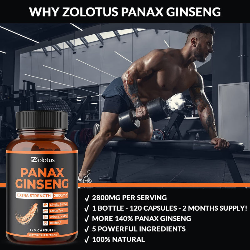 [Australia] - Zolotus Korean Red Panax Ginseng + Ginkgo Biloba - 2800mg Extra Strength with Ashwagandha, Beetroot, Green Tea - Support Strength, Stamina, Energy Production & Mood Balance - 120 Capsules 120 Count (Pack of 1) 