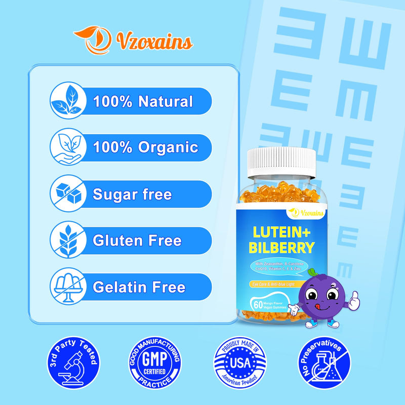 20mg Lutein & Zeaxanthin Gummies with Bilberry, Astaxanthin, Omega 3, Vitamin C, E - Sugar Free Eye Health Supplement for Adults & Kids - Dry Eye Relief, Vision Clarity, Macular Support Mango 60 Count (Pack of 2)