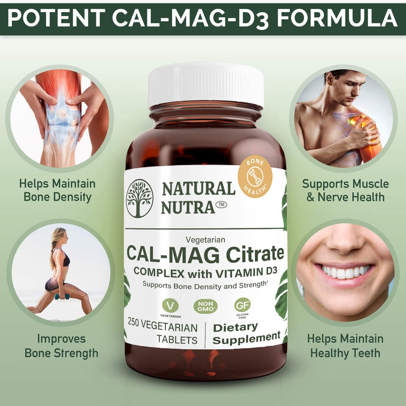 Natural Nutra Cal-Mag Citrate with Vitamin D3,1000/500 mg Complex, Strengthen Bone Density, Muscle and Nerve Health, Help Maintain Healthy Teeth, Highly Bioavailable Sources, 250 Vegan Tablets 250 Count (Pack of 1)