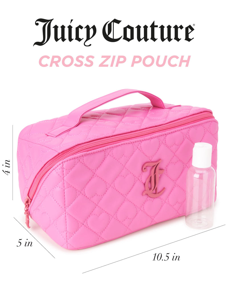 Juicy Couture Pink Makeup Bag Cosmetics Organizer Travel Essentials Cross Zip Faux Leather Quilted Heart