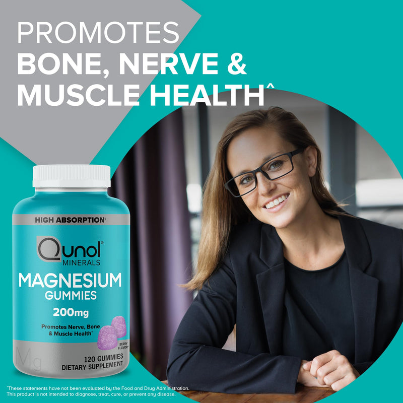 [Australia] - Qunol Magnesium Gummies for Adults, 200mg Magnesium Citrate Gummies, High Absorption Magnesium Supplement, Supports Nerve Health, Bone Health, Muscle Health, Vegetarian, 120 Count Berry 120 Count (Pack of 1) 