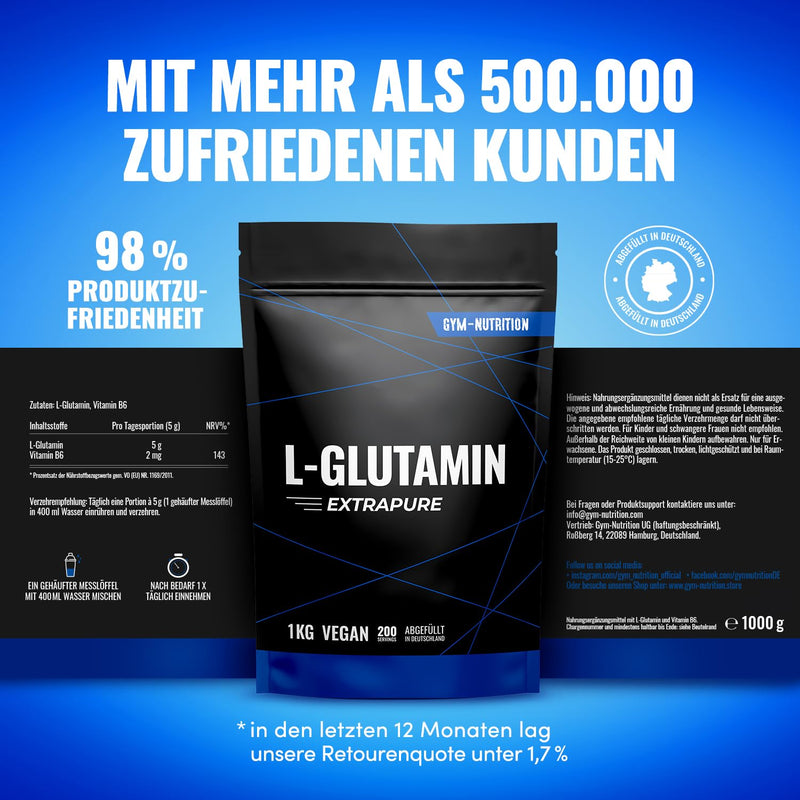 [Australia] - L-Glutamine Powder 1000g / 1kg - Ultra-pure powder extra high dosage - Glutamine powder - Laboratory tested and vegan - Made in Germany 1kg - Neutral taste Naturally tasteless 1000g (pack of 1) 
