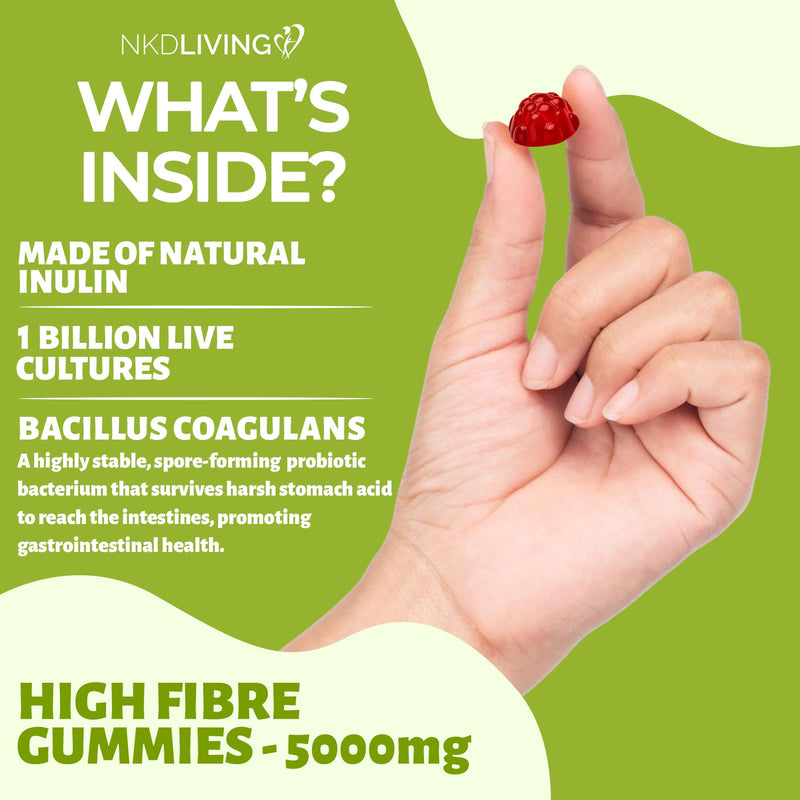 NKD Living High Fibre Inulin Gummies (60 Vegan Gummies) 5g of Fibre per Serving - with 1 Billion Live Cultures - Gut Health and Digestive System Support 1 count (Pack of 60)
