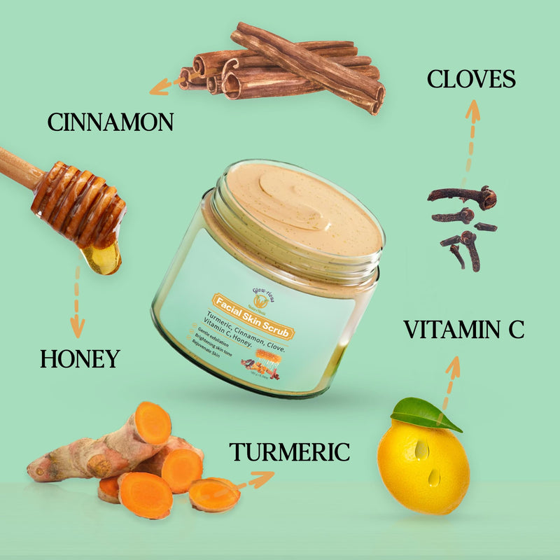 Glow-Rious Turmeric Face Scrub with Vitamin C & Honey - Gentle Exfoliating Facial Scrub for Skin & Even Tone - with Cinnamon & Clove - 100g/3.52oz