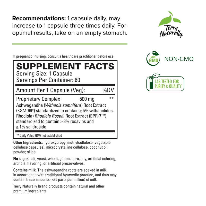 [Australia] - Terry Naturally Adaptra - 60 Capsules - Ashwagandha & Rhodiola Supplement - Non-GMO, Gluten Free - 60 Servings Standard Packaging 