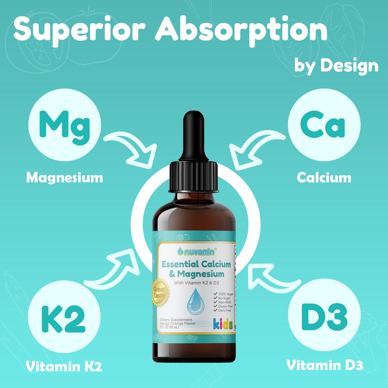 Nuvamin – Liquid Calcium & Magnesium Drops for Baby, Toddlers, Kids, & Adults, 2Fl.Oz (60ml), 30 Daily Servings. Great Taste - All Natural - Vegan - Superior Absorption