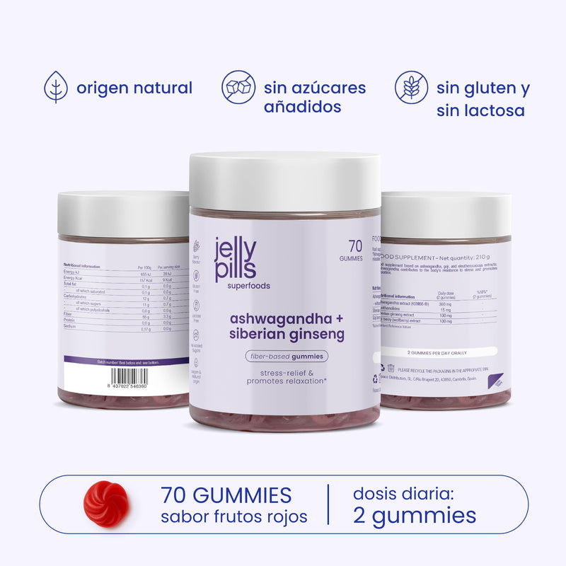Jelly Pills Ashwagandha KSM-66 Gummies with Siberian Ginseng & Goji - Adaptogens for Stress & Anxiety with Withania Somnifera - 70 Vegan Gummies Gluten-Free - Natural Forest Fruits Flavour