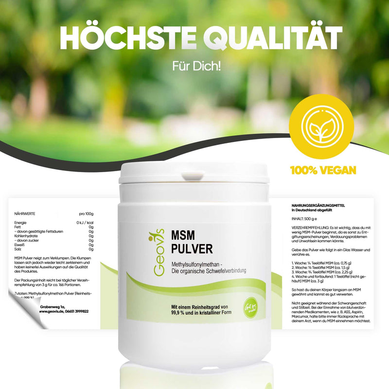 [Australia] - Geovis MSM powder 500g - organic sulfur - high dose 99.9% pure methylsulfonylmethane - VEGAN - dietary supplement 1 kg (pack of 1) 