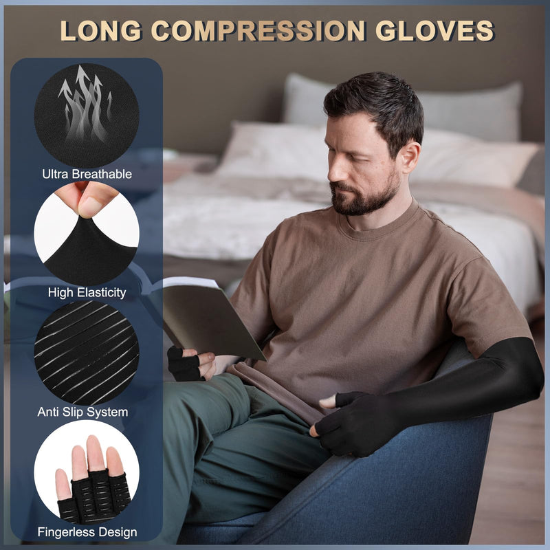 [Australia] - Long Copper Compression Arthritis Gloves for Women & Men, Medical Arm & Hand Compression Gloves, Fingerless Pressuse Gloves, Hand Support Sleeves for Carpal Tunnel, Lymphedema, Hand Pain, Edema Black Large 