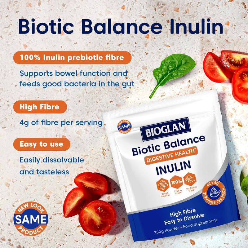 Bioglan Inulin Powder 250g | Chicory Root Fibre Supplement | Soluble Fibre for Normal Bowel Function | Vegan, Unflavoured | 3 Weeks Supply