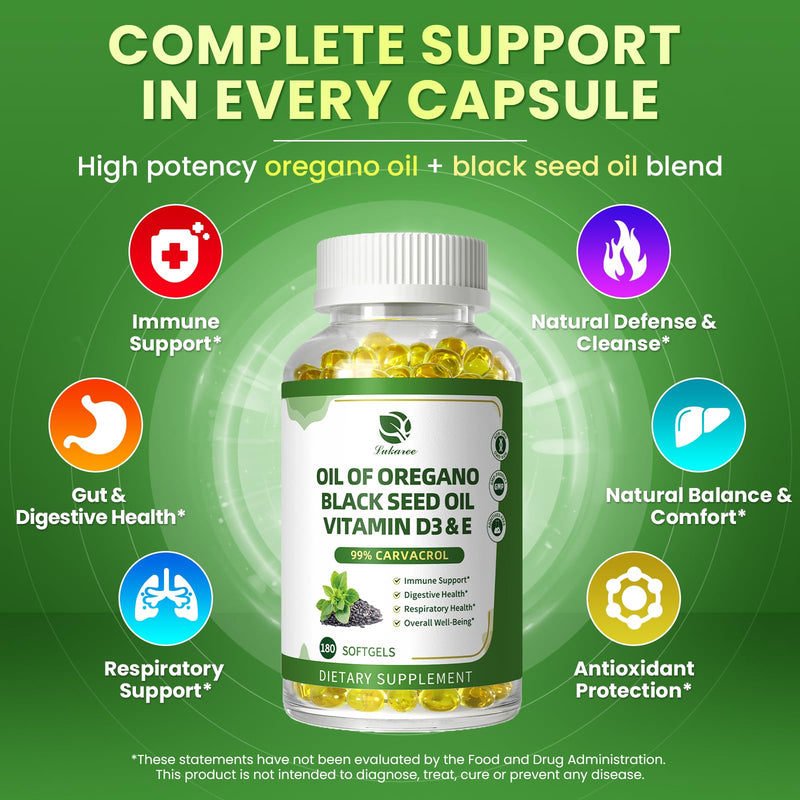 [Australia] - Oregano Oil Capsules Organic, 5-IN-1 with Black Seed Oil, Vitamins D3 & E, Black Pepper for Enhanced Absorption, 99% Carvacrol ‚Äì Immune, Respiratory & Digestive*‚Äì180 Caps, 3 Months Supply, Non-GMO 180 Count (Pack of 1) 