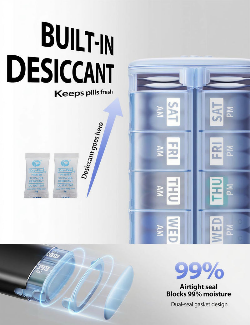Vaydeer Metal 7 Day Travel Pill Organizer 2 Times a Day, Built-in Desiccant | AM PM weekly Travel Pill Case, Twice-Daily，Airtight Large Capacity Pill Box for Vitamins, Medication, Supplements & Fish Oil Black Standard Size