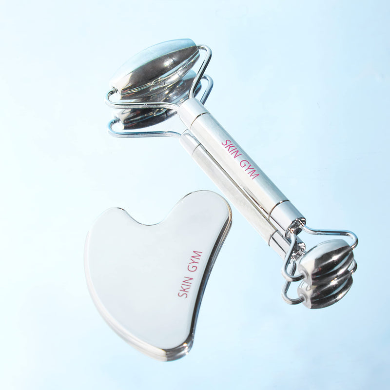 [Australia] - Skin Gym Silver Facial Roller and Gua Sha Tool Workout Skin Care Set for Wrinkles and Fine Lines - Anti Aging Face Lift Beauty Tool - Improve Skin Appearance and Achieve Radiant Glow 