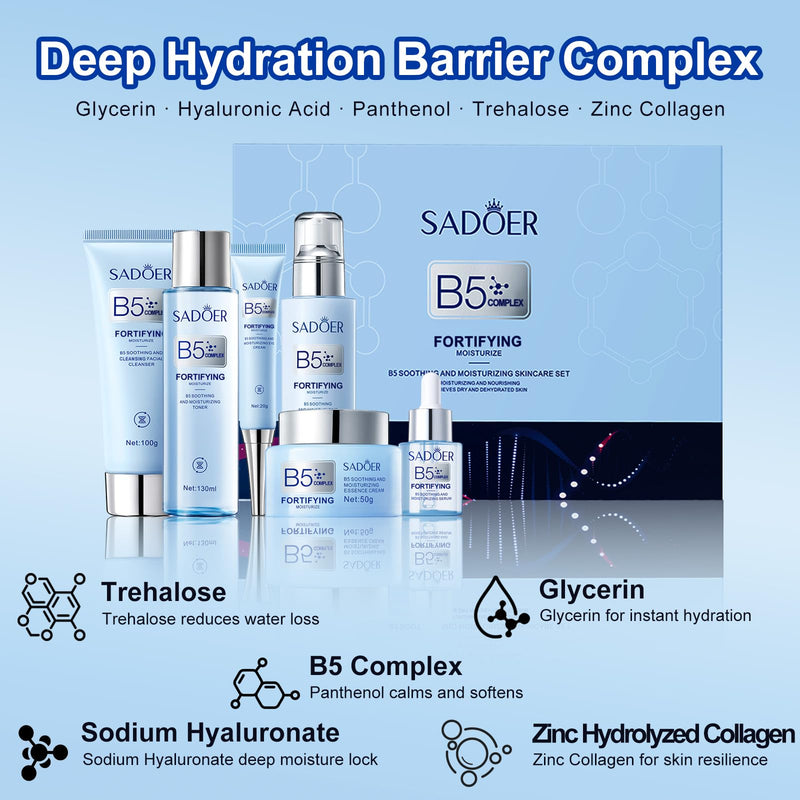 For SADOER B5 Vitamin Skincare Set, 6 Piece Barrier Repair Facial Kit, Hydrate Radiance Boost Anti-Aging,for All Skin, Self Care Gifts for Women Mom Wife Teen Girl for Valentine Christmas