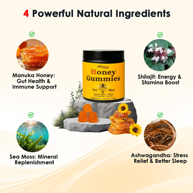 Men’s Manuka Honey Gummies, with Shilajit, Ashwagandha, Sea Moss, Improves Endurance, Lowers Cortisol, Reduces Fatigue, Vegan, Non-GMO (60 Gummies)