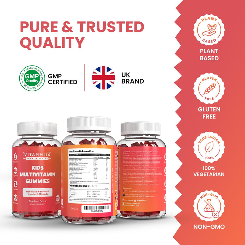 Vitammies Vegan Kids Vitamins | Kids Multivitamin Gummies | 4 Month Supply | 16 Essential Nutrients | Vitamin C, A, D3, B2, B6, B12, E, K, Biotin, Iodine, Zinc & More | Non-GMO | Chewable | GMP Kids Multivitamins Gummies