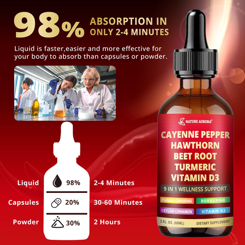 [Australia] - 9 in1 Cayenne Pepper Liquid Drops - Cayenne Pepper Extract Drops Supplement Liquid + Hawthorn Berry, Beetroot, Turmeric, Vitamin K2 & D3 - Digestion, Immune and Circulation Support - 2 Fl Oz 2.0 oz (Pack of 1) 