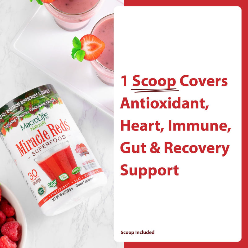MacroLife Naturals Miracle Reds Superfood Powder 19 Blended Fruit & Berry Polyphenols Enzymes Probiotics & Antioxidants Supplement - Raw Non-GMO & Vegan Whole Food Vitamins - 30 Servings 10 Ounce (Pack of 1)