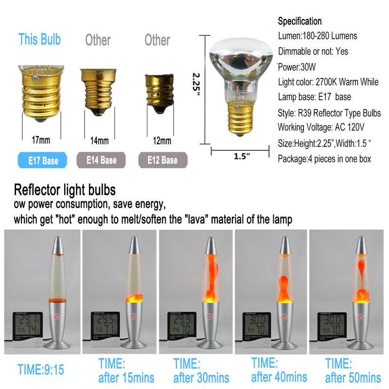 [Australia] - Lava Lamp Bulb 4 Pack 30W E17 R39 Reflector Type Bulb, Replacement Bulbs for Lava Lamps and Glitter Lamps. 