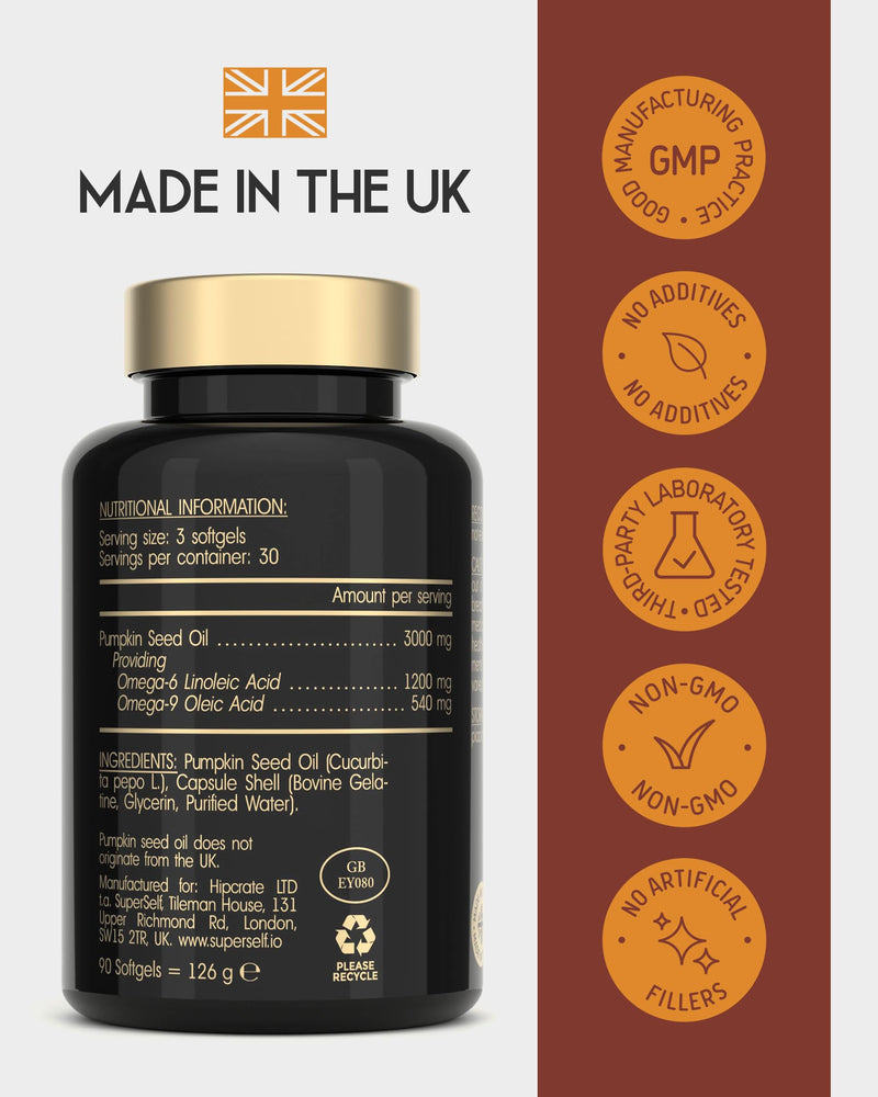 Pumpkin Seed Oil Capsules 3000mg – Cold Pressed Pumpkin Seed Oil for Hair Growth & Bladder Support – 100% Pure, No Additives – High in Omega 6 & 9 - UK Made Supplement - 90 Softgels Easy to Swallow 90 count (Pack of 1)