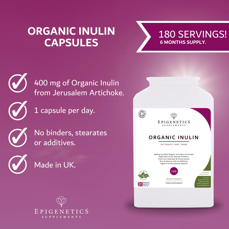 Inulin (Jerusalem Artichoke) | 400mg Organic Jerusalem Artichoke Prebiotic (Inulin) | 180 Vegan Friendly Capsules UK Made | 1 Capsule Daily (6 Month Supply)