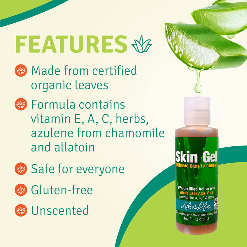 Aloe Life – Skin Gel & Herbs Ultimate Skin Treatment, 99% Certified Organic Whole Leaf Aloe Vera, Vitamins C, A, & E, Head-to-Toe Skin Care Support for the Whole Family, Fragrance-Free (4 oz) 4 Ounce (Pack of 1)