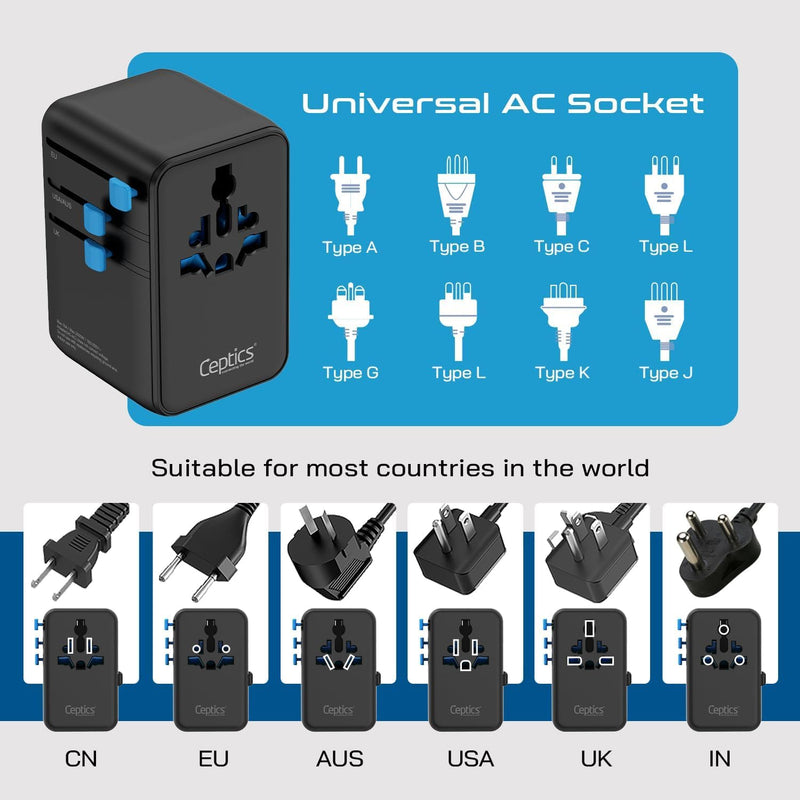 Ceptics GAN 100W Universal Travel Adapter with Retractable USB-C Cable, 2X USB-A & C, Universal Input and 1x USA/JP Input, 7 in 1 Universal Adapter for Worldwide Travel - Type A, C, G, I Output Black/Blue