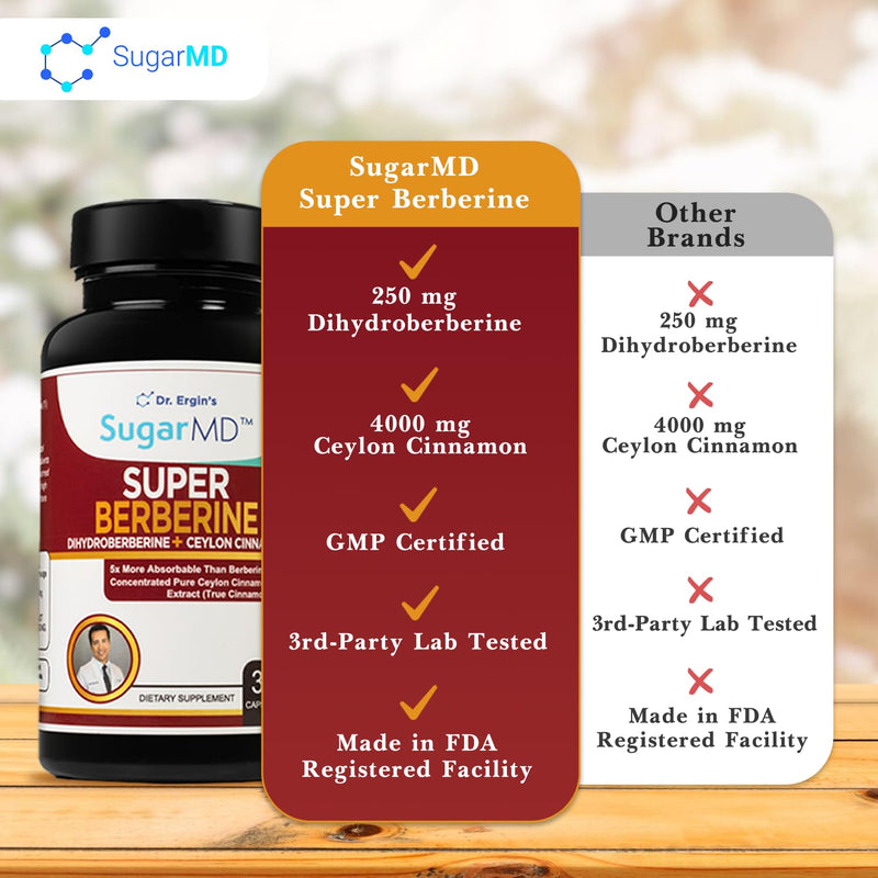 [Australia] - SugarMD Super Berberine Supplement – 250mg GlucoVantage Dihydroberberine with 4000mg Ceylon Cinnamon - 5X More Effective Than Regular Berberine – 30 Capsules (30 Day Supply) 
