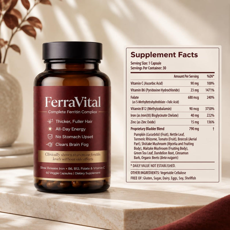 FerraVital Ferritin Support Iron Supplement for Women, 60 Capsules | With lactoferrin, vitamin C, L-lysine, active B vitamins and essential minerals for a streamlined daily routine.